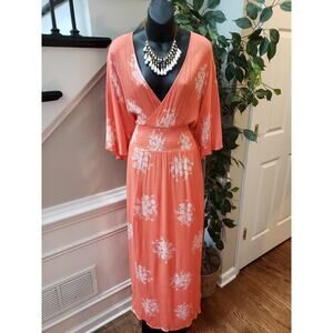 Oddi Long Maxi Dress Women's Size 2XL Orange Smocked Waist V Neck Kimono Sleeve